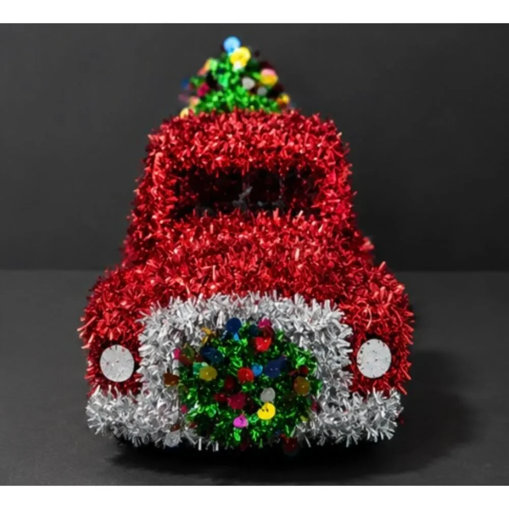 Red Tinsel Christmas Truck Tree Tabletop Decor Sequin Wreath 10.5